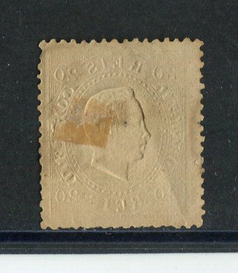 1870/6 - Afinsa nº 39k. D. Luis I, fita direita.Selo de 20 reis usado. Papel porcelana, denteado 13 1/2. Pequeno vinco.