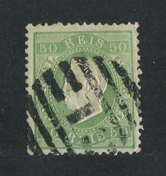 1870/6 - Afinsa nº 41. D. Luís I, fita direita. Selo de 50 reis usado. Papel liso, denteado 12 1/2. Em boas condições.