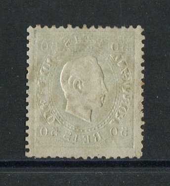 1870/6 - Afinsa nº 41. D. Luís I, fita direita. Selo de 50 reis usado. Papel liso, denteado 12 1/2. Em boas condições.
