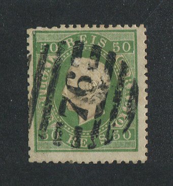 1870/6 - Afinsa nº 41. D. Luís I, fita direita. Selo de 50 reis usado. Papel liso, denteado 12 1/2. Carimbo nº 76 - Vila Nova de Famalicão (2ª Reforma). Em boas condições.