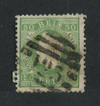 1870/6 - Afinsa nº 41. D. Luís I, fita direita. Selo de 50 reis usado. Papel liso, denteado 12 1/2. Carimbo nº 123 - Peso da Régua (2ª Reforma). Em boas condições.