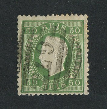 1870/6 - Afinsa nº 41. D. Luís I, fita direita. Selo de 50 reis usado. Papel liso, denteado 12 1/2. Carimbo nº 67 - Ponte de Lima (2ª Reforma). Em boas condições.