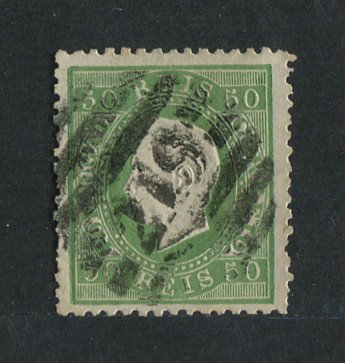 1870/6 - Afinsa nº 41. D. Luís I, fita direita.Selo de 50 reis usado. Papel liso, denteado 12 1/2. Carimbo nº 219 - Vila Nova de Portimão (2ª Reforma). Denteado irregular.