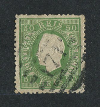 1870/6 - Afinsa nº 41. D. Luís I, fita direita.Selo de 50 reis usado. Papel liso, denteado 12 1/2. Carimbo nº 71 - Valença (2ª Reforma). Pequena transparência.