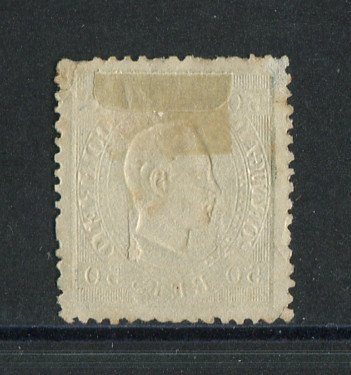 1870/6 - Afinsa nº 41. D. Luís I, fita direita.Selo de 50 reis usado. Papel liso, denteado 12 1/2. Carimbo nº 71 - Valença (2ª Reforma). Pequena transparência.