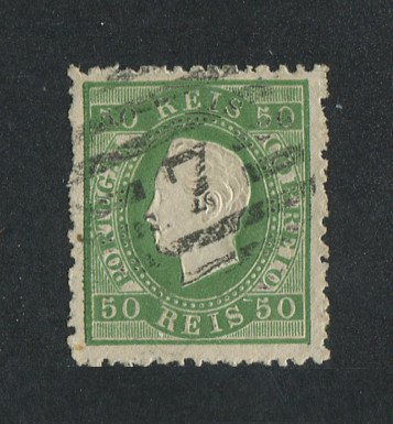 1870/6 - Afinsa nº 41. D. Luís I, fita direita.Selo de 50 reis usado. Papel liso, denteado 12 1/2. Carimbo nº 7 - Almada (2ª Reforma). Denteado irregular.