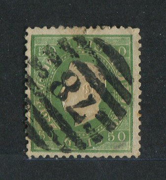 1870/6 - Afinsa nº 41. D. Luís I, fita direita.Selo de 50 reis usado. Papel liso, denteado 12 1/2. Carimbo nº 78 - Coimbra (2ª Reforma). Pequeno rasgo na margem superior.