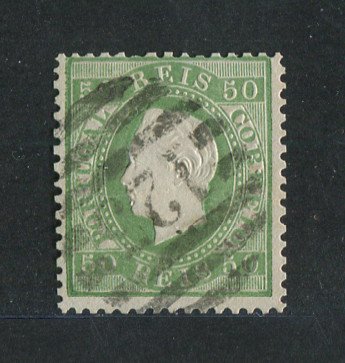 1870/6 - Afinsa nº 41. D. Luís I, fita direita.Selo de 50 reis usado. Papel liso, denteado 12 1/2. Carimbo nº 123 - Peso da Régua (2ª Reforma). Este selo foi redenteado.