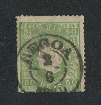 1870/6 - Afinsa nº 41. D. Luís I, fita direita.Selo de 50 reis usado. Papel liso, denteado 12 1/2. Carimbo de Peso da Régua. Denteado irregular.