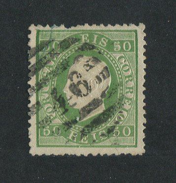 1870/6 - Afinsa nº 41. D. Luís I, fita direita.Selo de 50 reis usado. Papel liso, denteado 12 1/2. Denteado irregular.