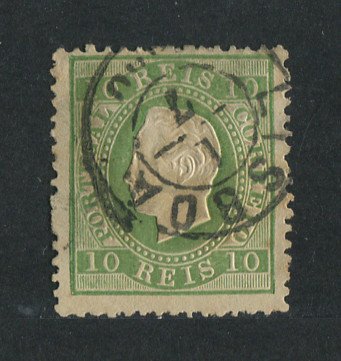 1870/6 - Afinsa nº 41. D. Luís I, fita direita.Selo de 50 reis usado. Papel liso, denteado 12 1/2. Pequena transparência.