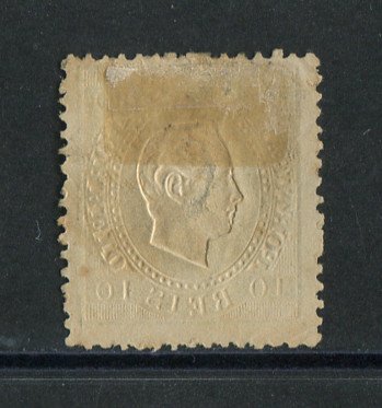 1870/6 - Afinsa nº 41. D. Luís I, fita direita.Selo de 50 reis usado. Papel liso, denteado 12 1/2. Pequena transparência.