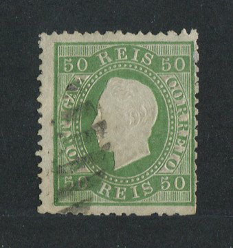 1870/6 - Afinsa nº 41. D. Luís I, fita direita.Selo de 50 reis usado. Papel liso, denteado 12 1/2. Pequeno vinco.