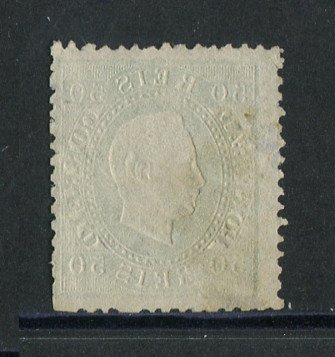 1870/6 - Afinsa nº 41. D. Luís I, fita direita.Selo de 50 reis usado. Papel liso, denteado 12 1/2. Pequeno vinco.