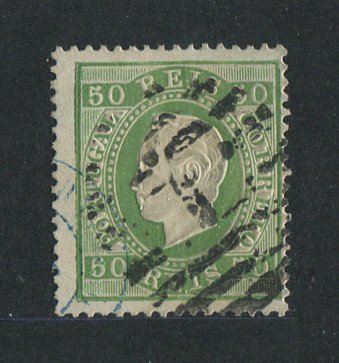 1870/6 - Afinsa nº 41C. D. Luís I, fita direita. Selo de 50 reis usado. Papel liso, denteado 13 1/2. Em boas condições.