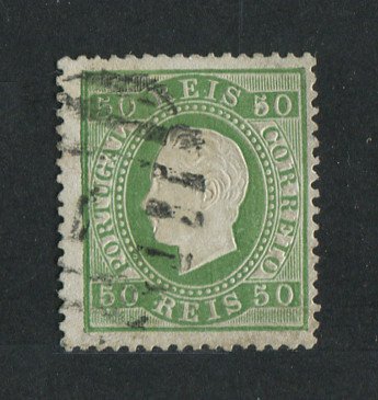 1870/6 - Afinsa nº 41C. D. Luís I, fita direita. Selo de 50 reis usado. Papel liso, denteado 13 1/2. Em boas condições.
