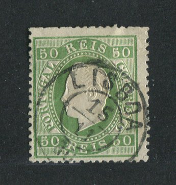 1870/6 - Afinsa nº 41C. D. Luís I, fita direita.Selo de 50 reis usado. Papel liso, denteado 13 1/2. Pequeno rasgo na margem direita e pequena transparência.