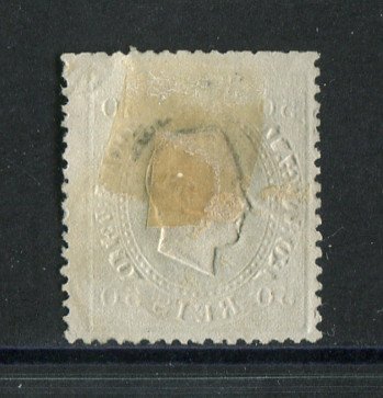 1870/6 - Afinsa nº 41C. D. Luís I, fita direita.Selo de 50 reis usado. Papel liso, denteado 13 1/2. Pequeno rasgo na margem direita e pequena transparência.