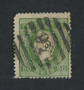 1870/6 - Afinsa nº 41C. D. Luís I, fita direita.Selo de 50 reis usado. Papel liso, denteado 13 1/2. Denteado irregular.