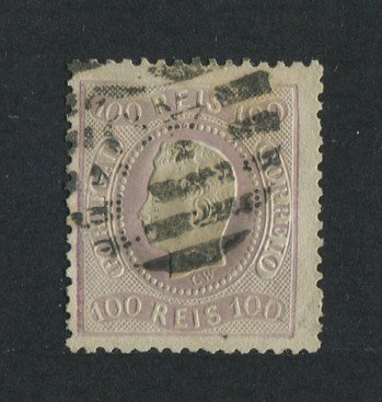 1867/70 - Afinsa nº 33. D. Luís I, fita curva denteado. Selo de 100 reis usado. Em boas condições.