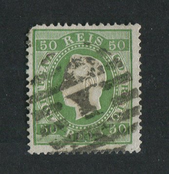 1870/6 - Afinsa nº 41C. D. Luís I, fita direita.Selo de 50 reis usado. Papel liso, denteado 13 1/2. Canto curto.