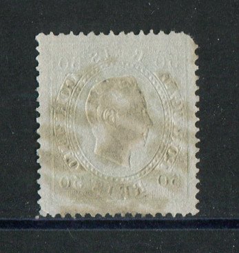 1870/6 - Afinsa nº 41C. D. Luís I, fita direita.Selo de 50 reis usado. Papel liso, denteado 13 1/2. Canto curto.