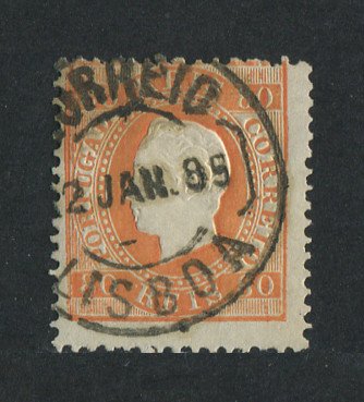 1870/6 - Afinsa nº 42. D. Luis I, fita direita. Selo de 80 reis usado. Papel liso, denteado 12 1/2. Em boas condições.
