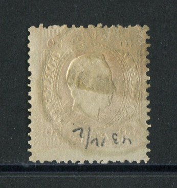 1870/6 - Afinsa nº 42. D. Luis I, fita direita. Selo de 80 reis usado. Papel liso, denteado 12 1/2. Em boas condições.