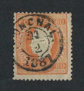 1870/6 - Afinsa nº 42. D. Luis I, fita direita. Selo de 80 reis usado. Papel liso, denteado 12 1/2. Carimbo do Funchal. Em boas condições.