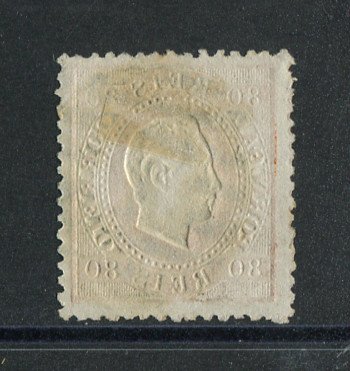 1870/6 - Afinsa nº 42. D. Luis I, fita direita. Selo de 80 reis usado. Papel liso, denteado 12 1/2. Em boas condições.