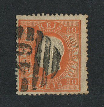 1870/6 - Afinsa nº 42. D. Luis I, fita direita.Selo de 80 reis usado. Papel liso, denteado 12 1/2. Carimbo nº 49 - Barcelos (2ª Reforma). Denteado irregular.