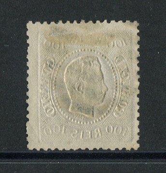 1867/70 - Afinsa nº 33. D. Luís I, fita curva denteado. Selo de 100 reis usado. Em boas condições.