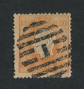 1870/6 - Afinsa nº 42. D. Luis I, fita direita.Selo de 80 reis usado. Papel liso, denteado 12 1/2. Denteado irregular.