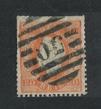 1870/6 - Afinsa nº 42. D. Luis I, fita direita.Selo de 80 reis usado. Papel liso, denteado 12 1/2. Carimbo nº 50 - Braga (2ª Reforma). Denteado irregular.