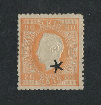 1870/6 - Afinsa nº 42. D. Luis I, fita direita.Selo de 80 reis usado. Papel liso, denteado 12 1/2. Com MARCA TELEGRÁFICA. Apresenta uma reparação.
