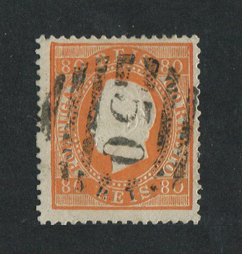 1870/6 - Afinsa nº 42C. D. Luis I, fita direita. Selo de 80 reis usado. Papel liso, denteado 13 1/2. Carimbo nº 50 - Braga (2ª Reforma). Em boas condições.