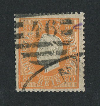 1870/6 - Afinsa nº 42C. D. Luis I, fita direita.Selo de 80 reis usado. Papel liso, denteado 13 1/2. Pequena transparência.