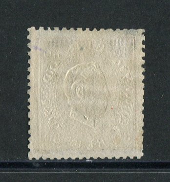 1870/6 - Afinsa nº 42C. D. Luis I, fita direita.Selo de 80 reis usado. Papel liso, denteado 13 1/2. Pequena transparência.
