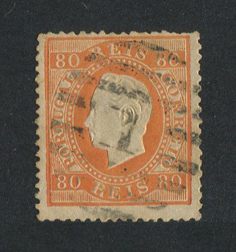 1870/6 - Afinsa nº 42C. D. Luis I, fita direita.Selo de 80 reis usado. Papel liso, denteado 13 1/2. Pequena transparência.