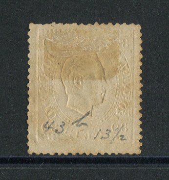 1870/6 - Afinsa nº 42C. D. Luis I, fita direita.Selo de 80 reis usado. Papel liso, denteado 13 1/2. Pequena transparência.