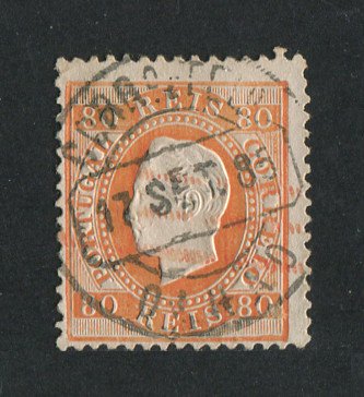 1870/6 - Afinsa nº 42i. D. Luís I, fita direita. Selo de 80 reis usado. Papel porcelana, denteado 12 1/2. Carimbo de Olhão e com MARCA TELEGRÁFICA A VERMELHO. Em boas condições.