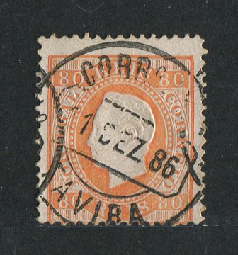 1870/6 - Afinsa nº 42i. D. Luís I, fita direita. Selo de 80 reis usado. Papel porcelana, denteado 12 1/2. Carimbo de Tavira. Em boas condições.