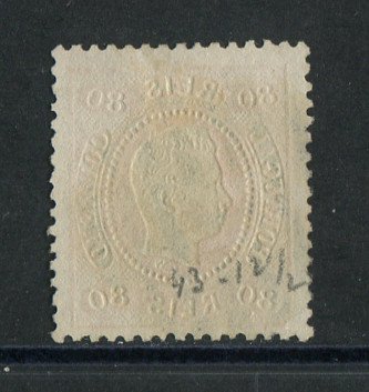 1867/70 - Afinsa nº 32. D. Luís I, fita curva denteado. Selo de 80 reis usado. Em boas condições.