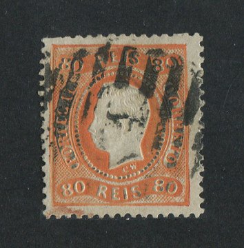 1867/70 - Afinsa nº 32. D. Luís I, fita curva denteado. Selo de 80 reis usado. Em boas condições.