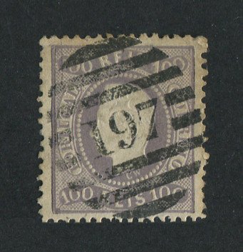 1867/70 - Afinsa nº 33. D. Luís I, fita curva denteado. Selo de 100 reis usado. Carimbo nº 197 - Évora (2ª Reforma). Em boas condições.