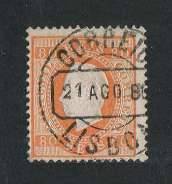 1870/6 - Afinsa nº 42i. D. Luís I, fita direita. Selo de 80 reis usado. Papel porcelana, denteado 12 1/2. Em boas condições.