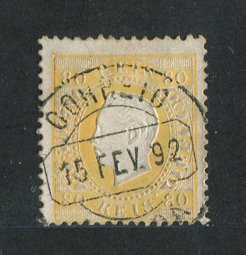 1870/6 - Afinsa nº 42i. D. Luís I, fita direita. Selo de 80 reis usado. Papel porcelana, denteado 12 1/2. Em boas condições.