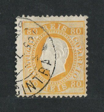 1870/6 - Afinsa nº 42i. D. Luís I, fita direita. Selo de 80 reis usado. Papel porcelana, denteado 12 1/2. Carimbo de Cintra (Sintra). Em boas condições.