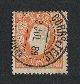 1870/6 - Afinsa nº 42i. D. Luís I, fita direita. Selo de 80 reis usado. Papel porcelana, denteado 12 1/2. Carimbo de Caldas da Rainha. Em boas condições.