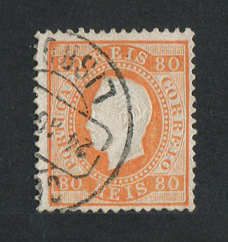 1870/6 - Afinsa nº 42i. D. Luís I, fita direita. Selo de 80 reis usado. Papel porcelana, denteado 12 1/2. Em boas condições.